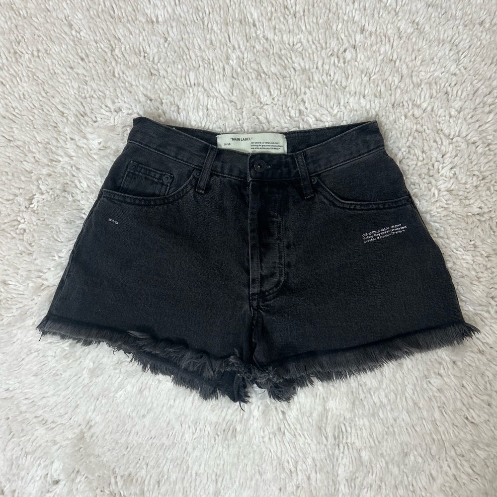 Off-White Screen Print Distressed Black Jean Shorts